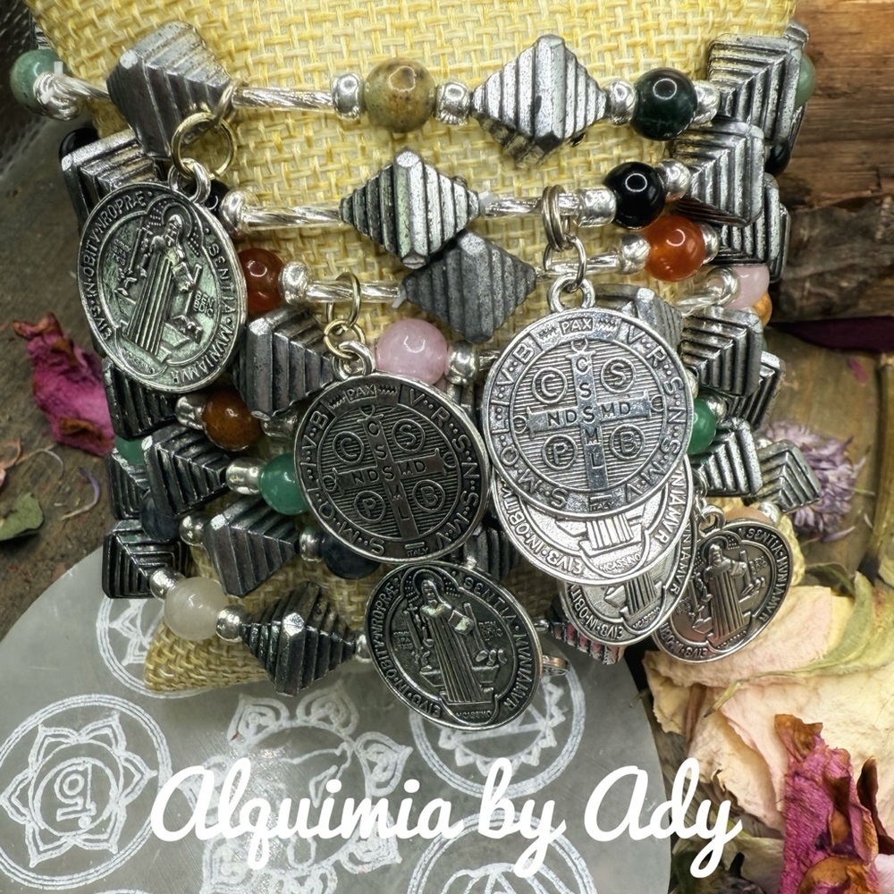 Saint Benedict+ SAN BENITO+  Silver and Earthy Tones Charm Bracelet